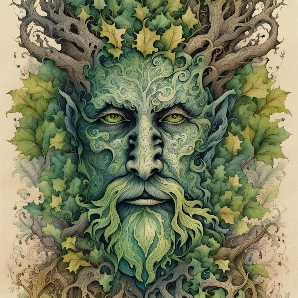 Gnarled Treant Ink Drawing with Watercolor Overlay