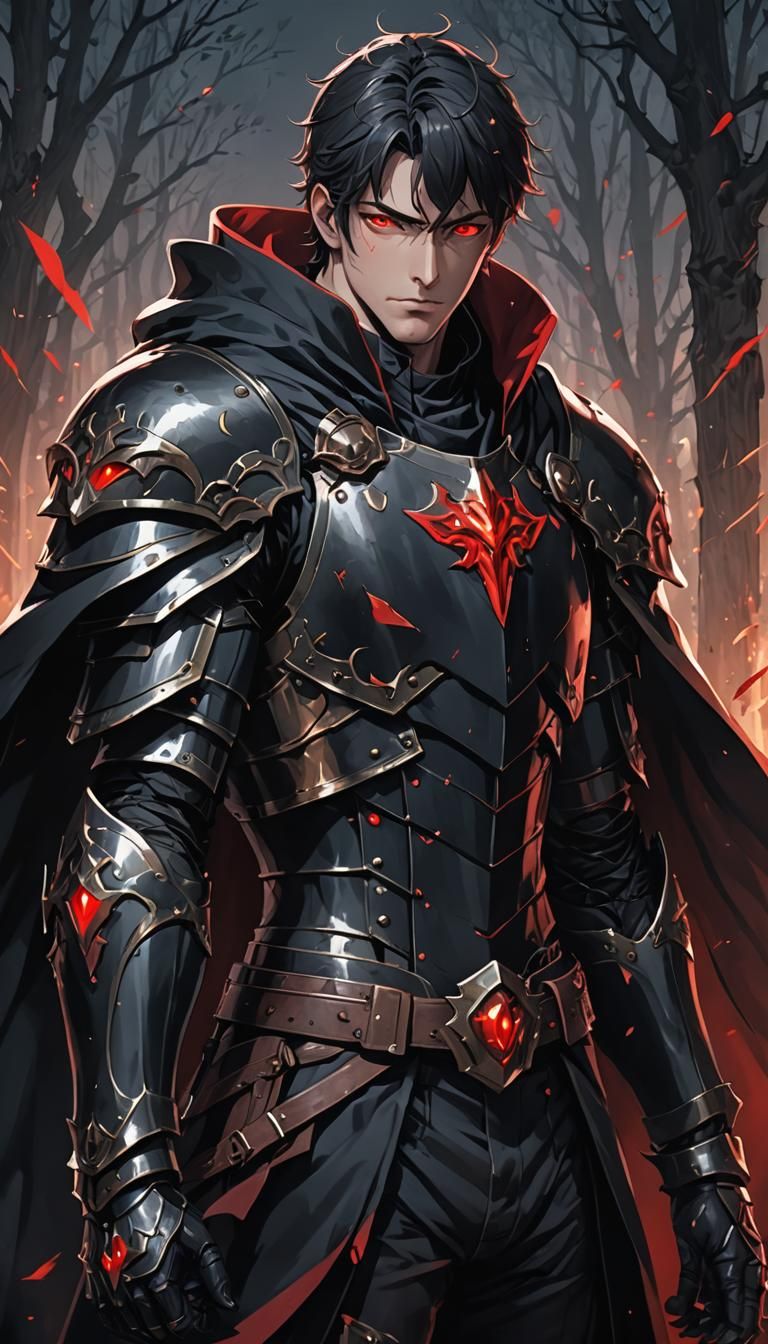 Anime Man in Black Armor with Red Eyes