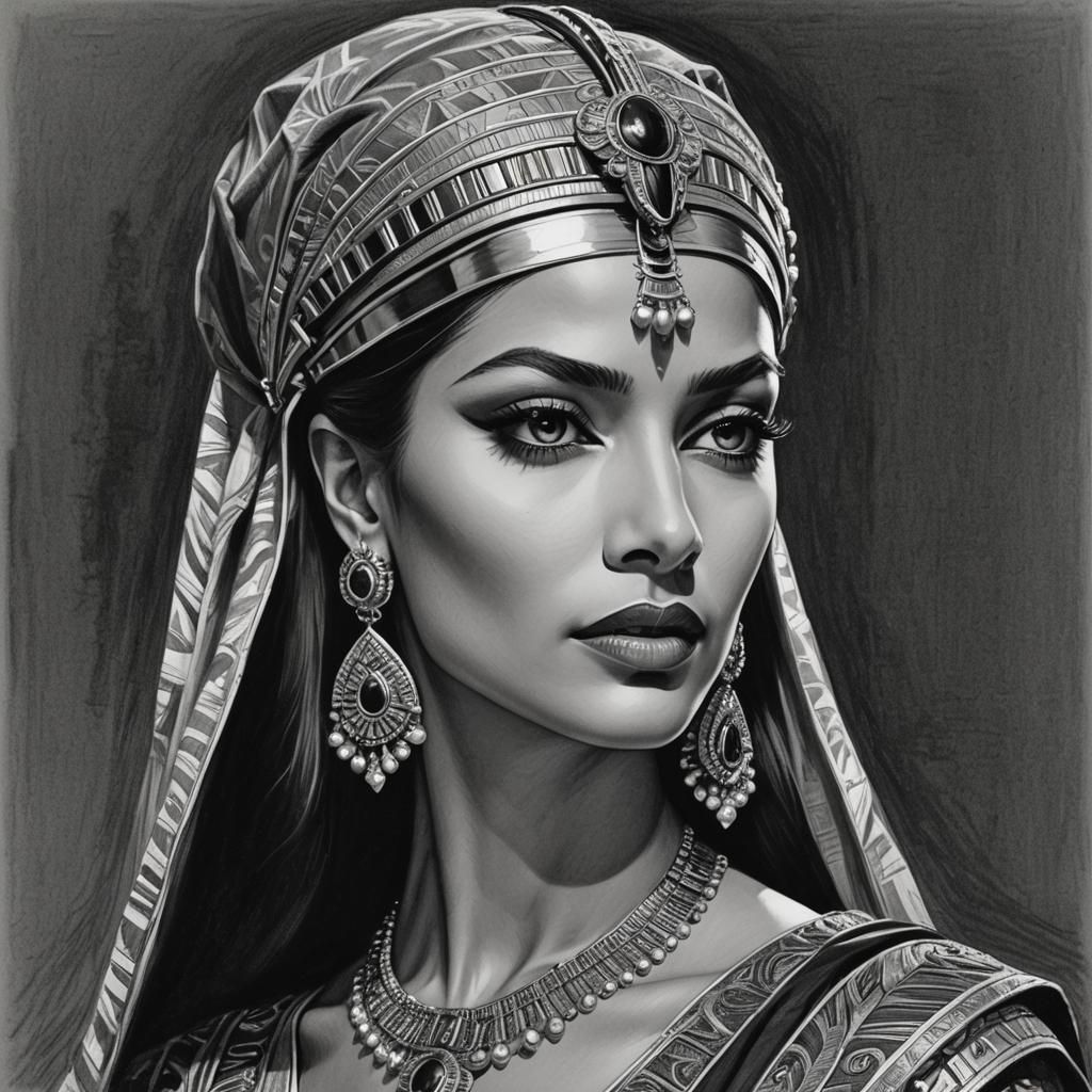 Cleopatra VII: Chiaroscuro Pencil Portrait in Egyptian Templ...