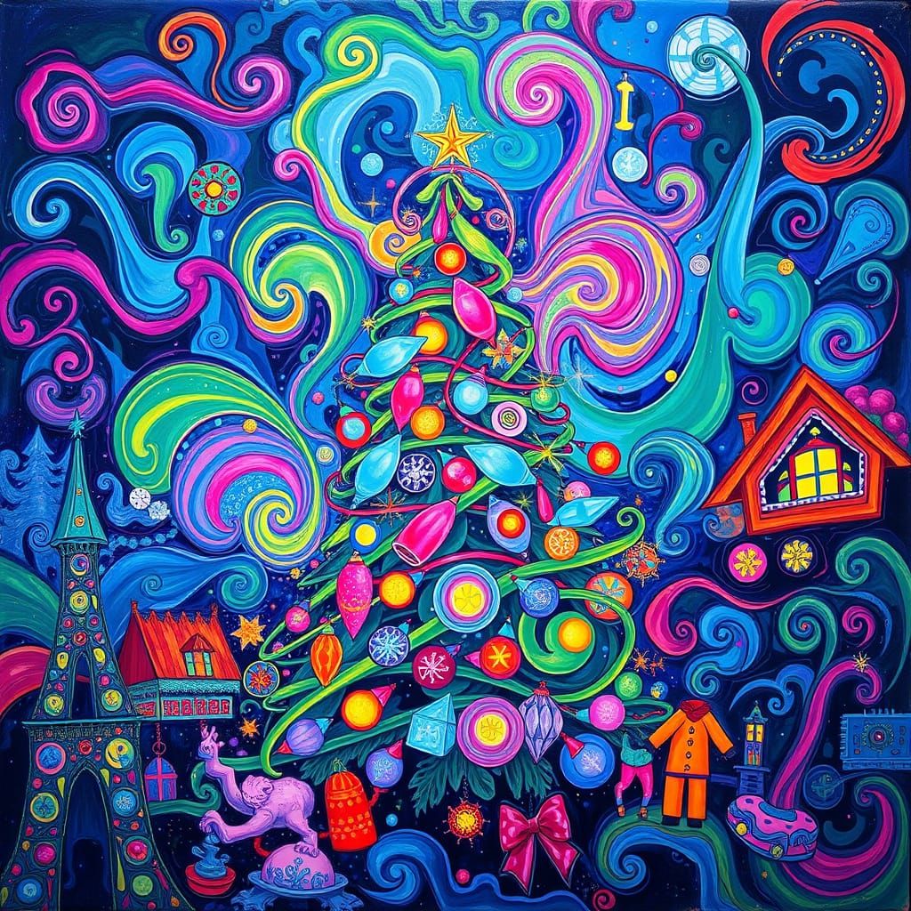 Psychedelic Christmas Tree Lights in Vibrant Swirl... - AI Art, image size:1024x1024