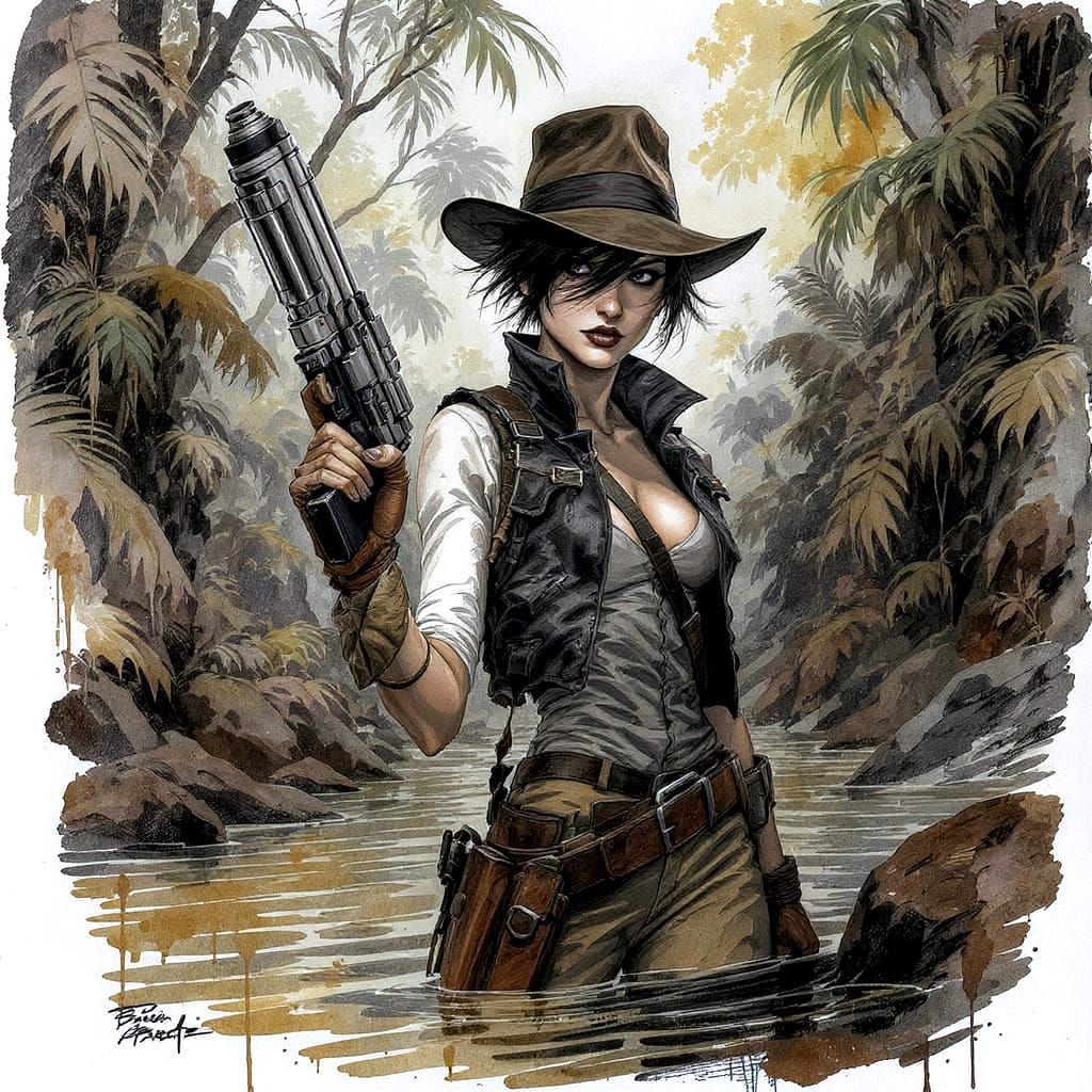 Female Rogue in Jungle River, Art Nouveau Charcoal Sketch