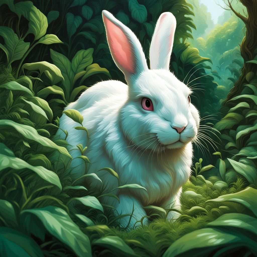 Hyperrealistic White Bunny in Lush Greenery