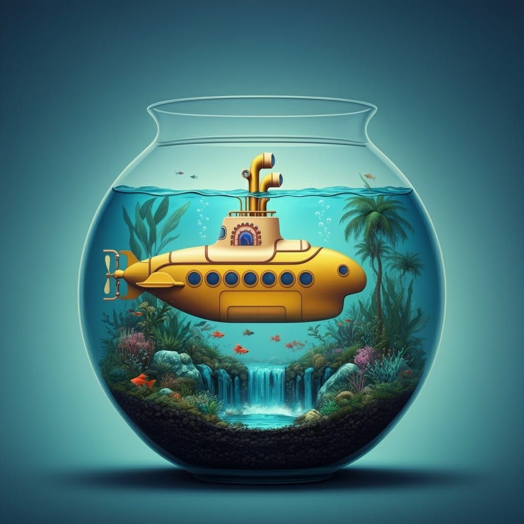 Yellow Submarine in Fishbowl Jungle: Surreal Illustration