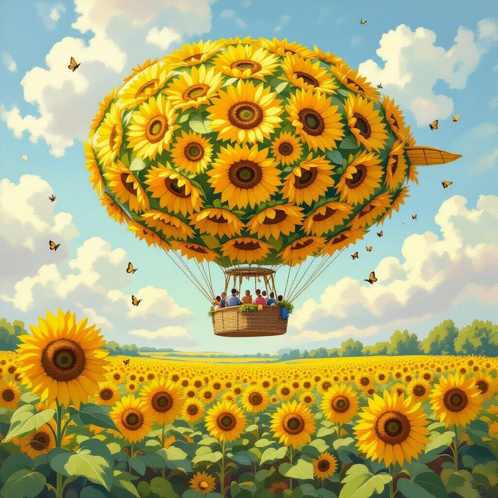 Sunflower Blimp Over a Sunflower Field in Painterly Style