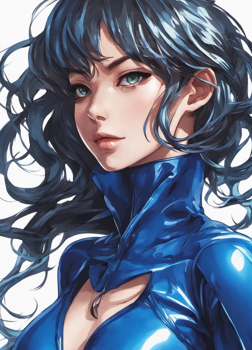 Confident Woman in Blue Latex Outfit: Anime Style