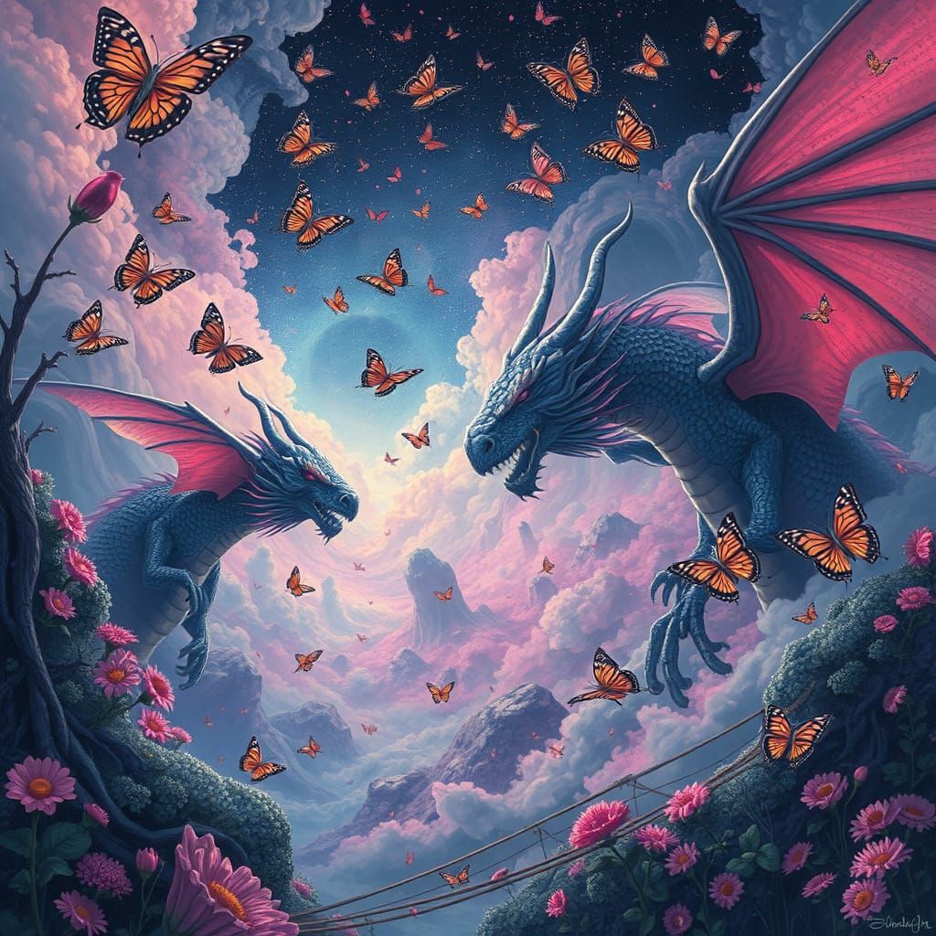 Dragons, Butterflies, and Murk Elemental in Surreal Style