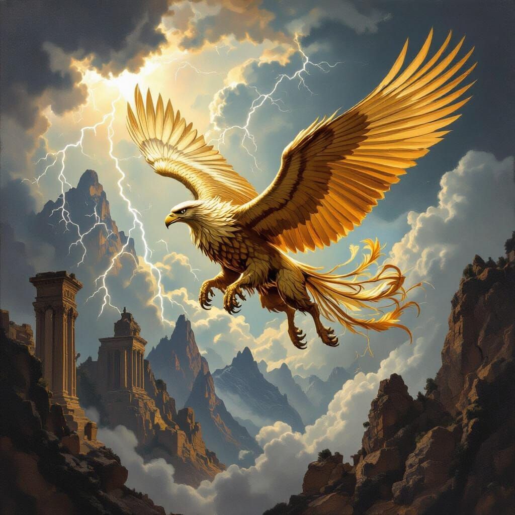 Griffin Soaring Through Storm in Baroque Style