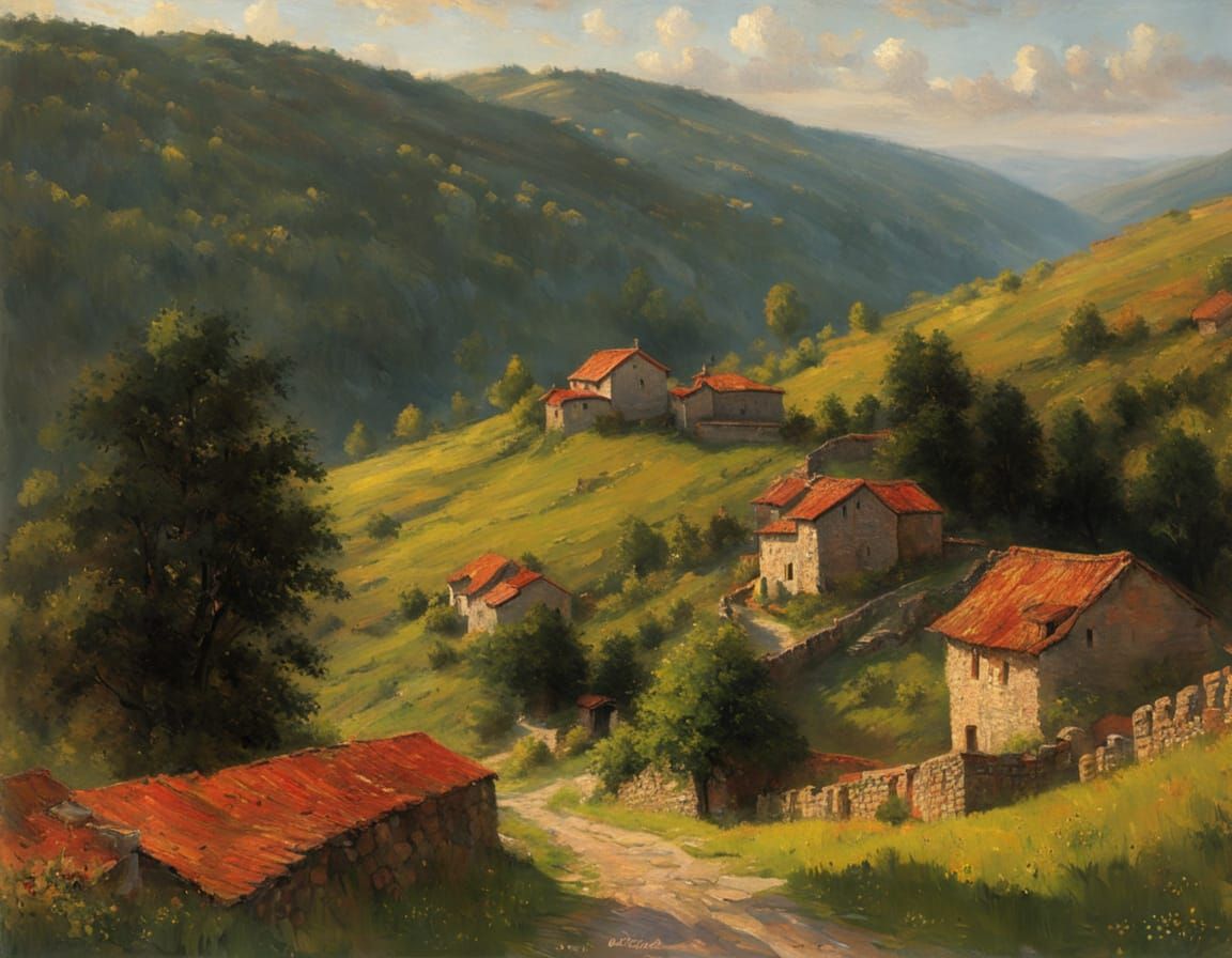 Mountain Village in Levitan Style with Warm Light