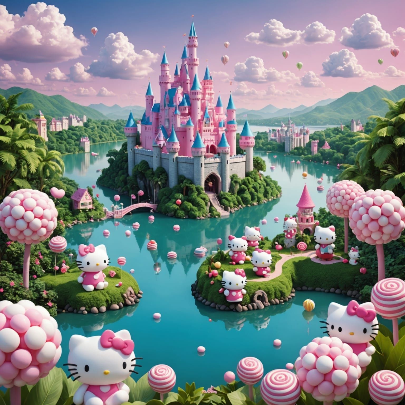 Whimsical Cloud City and Candy Jungle with Hello Kitty