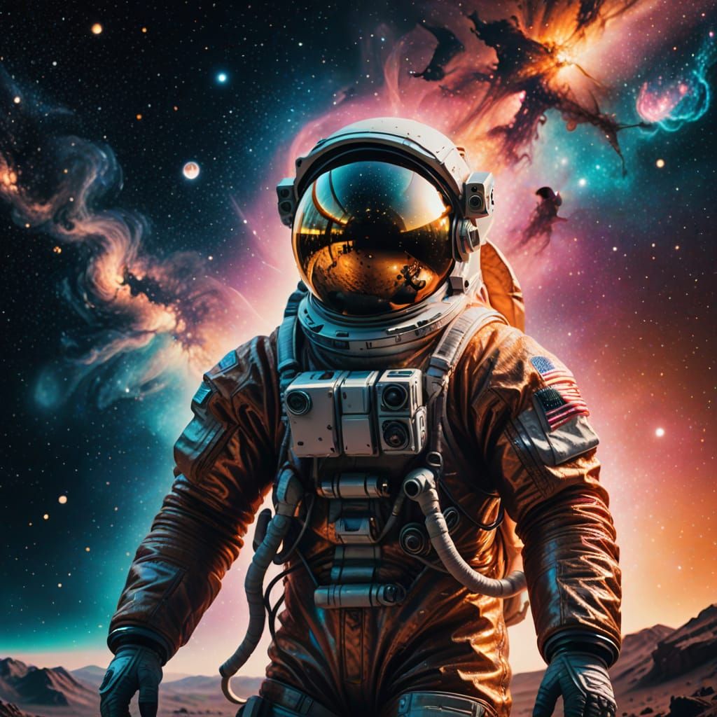 Surrealist Astronaut Drifts Through a Neon Galaxy