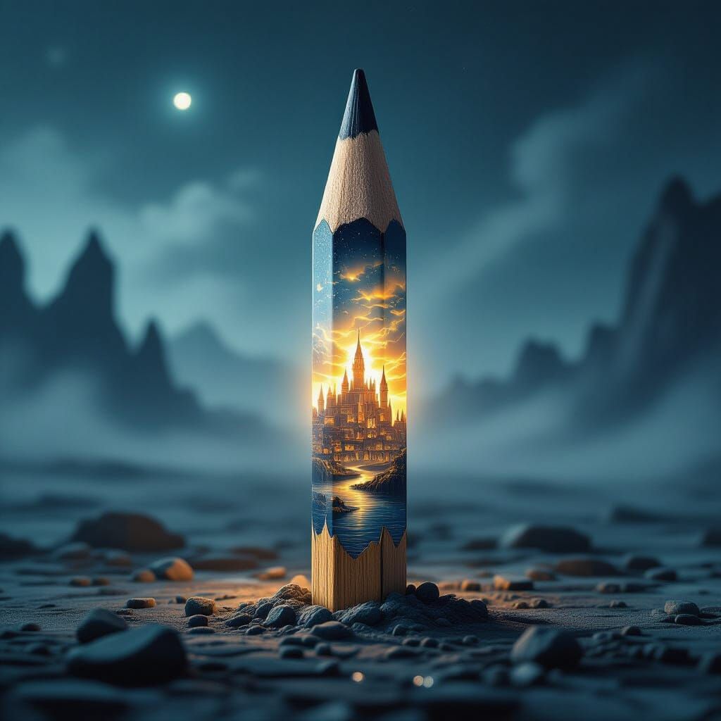 Pencil Tip City Diorama in Cosmic Fantasy Style