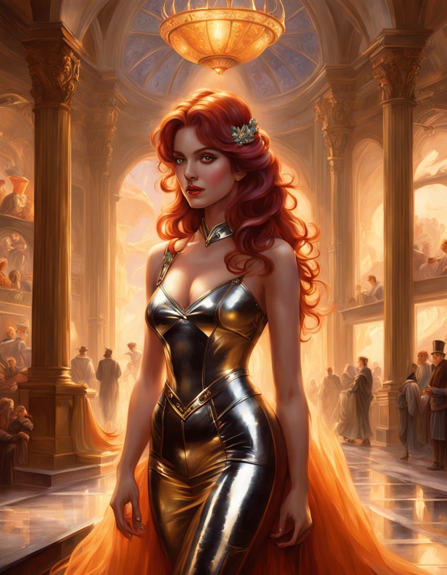 A woman clad in a form-fitting black latex bodysuit stands against a backdrop of sleek marble surfaces. The suit's high-...