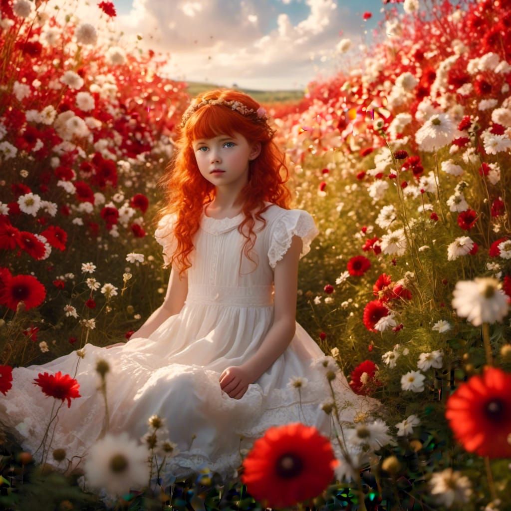 Anime Girl in Flower Field at Golden Hour
