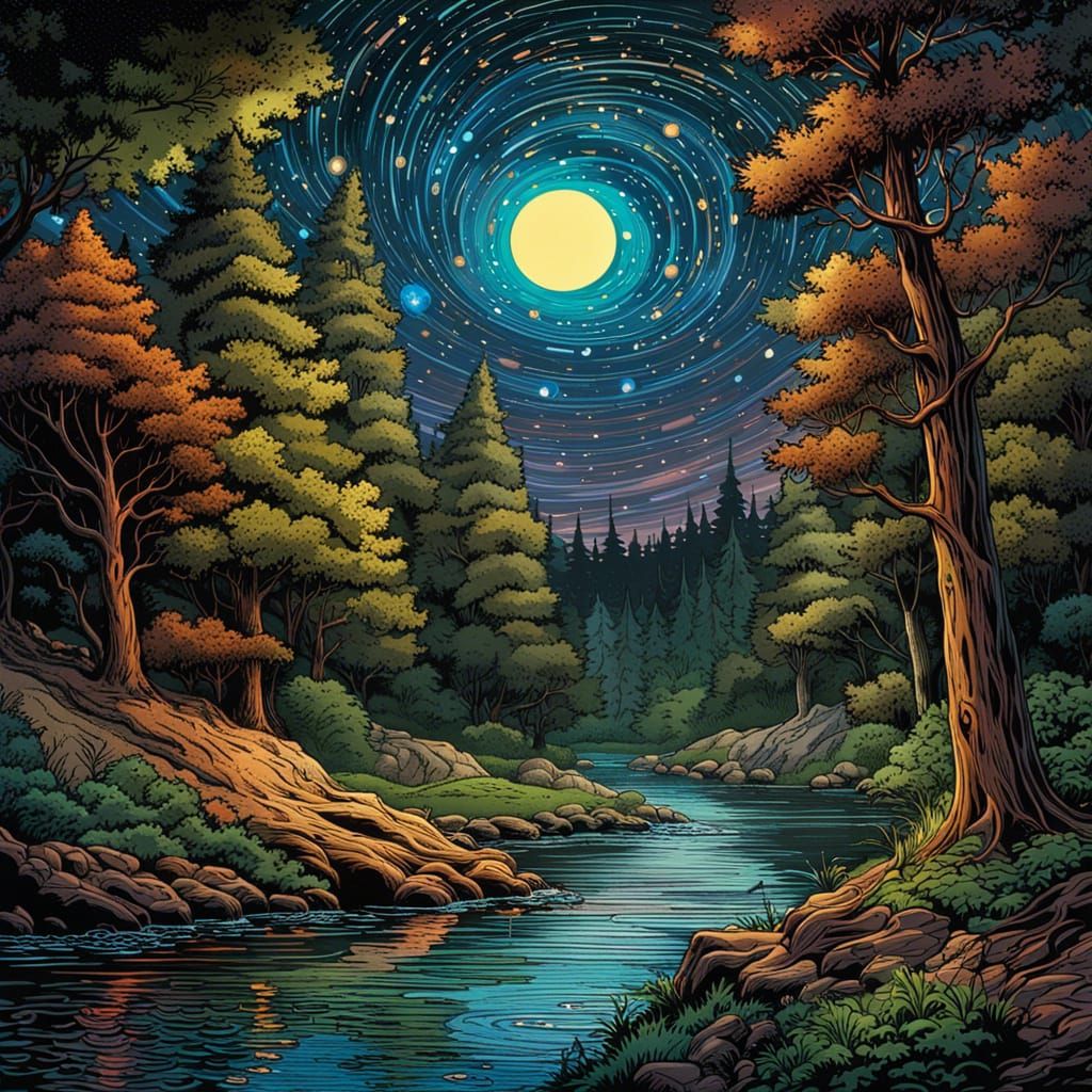 Cosmic Night Over Idyllic Forest River