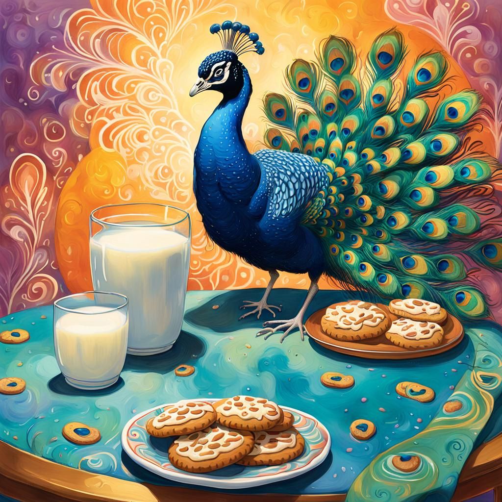 Whimsical Peacock Welcomes Guests with Milk and Cookies