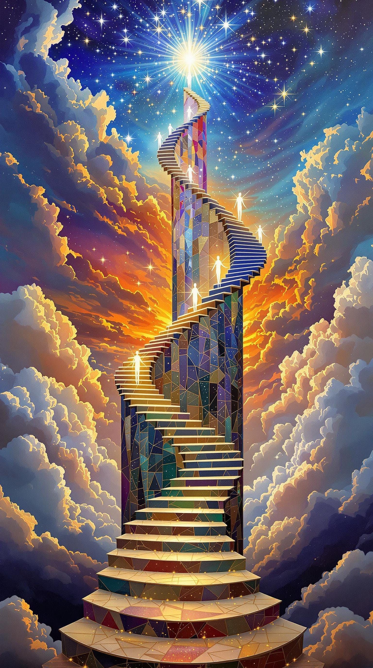 Surrealist Dreamscape with Spiral Staircase and Celestial Sk...
