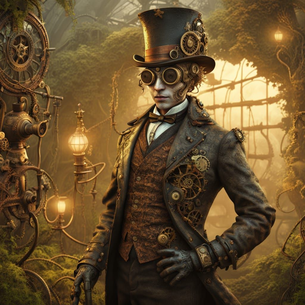 Steampunk Figure in Eerie Gothic Garden