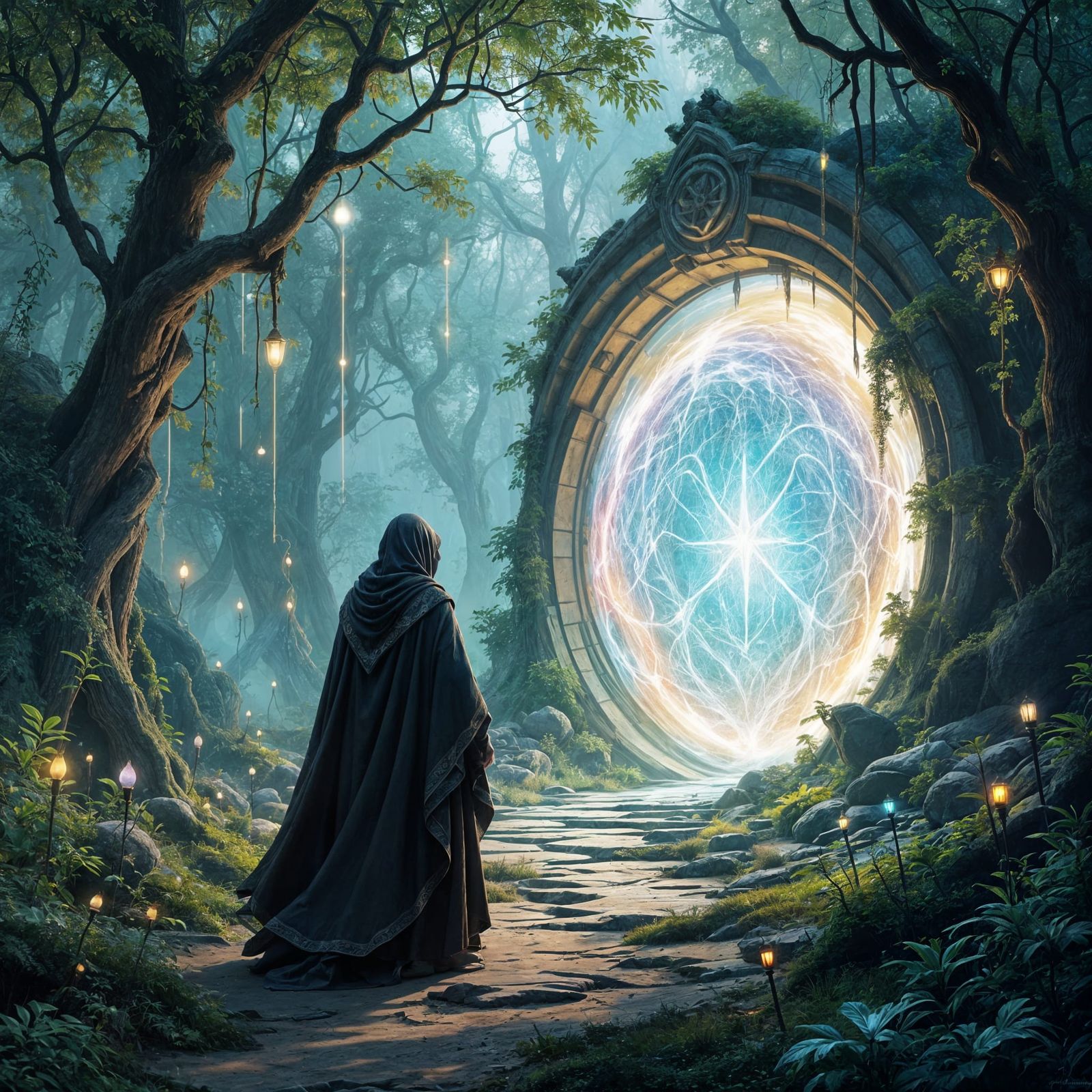 Ethereal Forest Portal with Glowing Flora