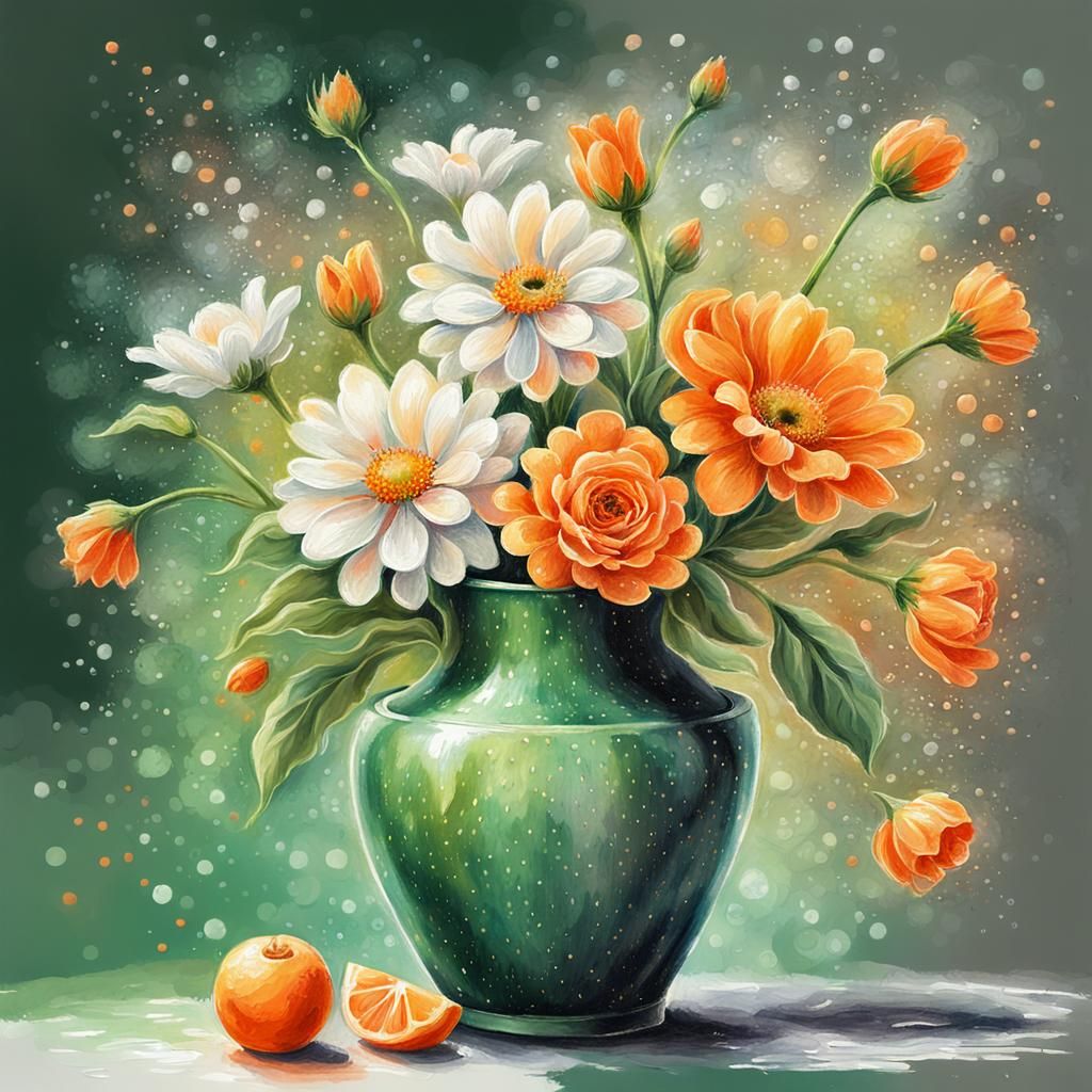 Vase of Flowers in Chalk and Watercolor Style