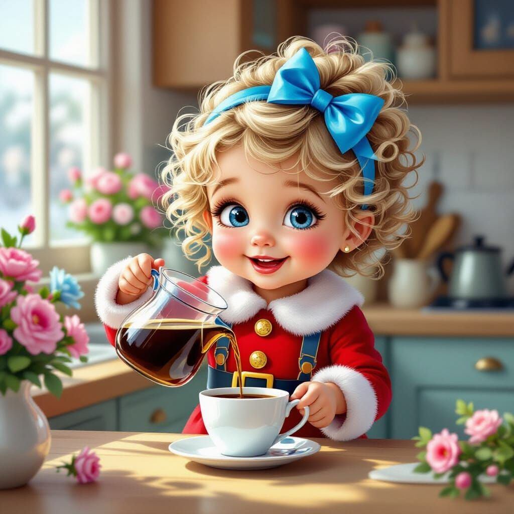 Girl in Santa Outfit Pours Coffee in Whimsical Kitchen