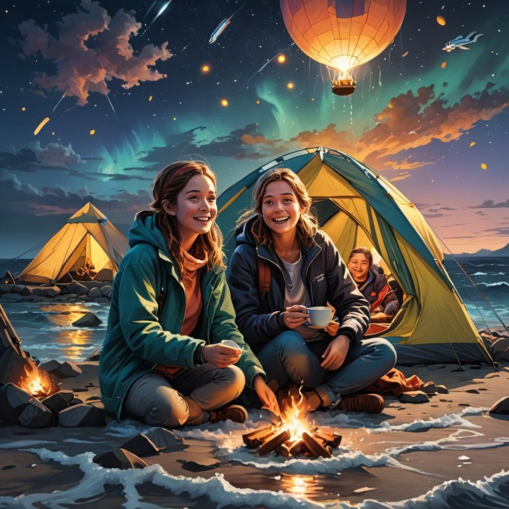 Ocean Camping Under Night Sky in Splash Art Style
