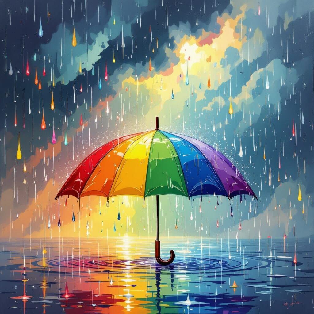 Rainbow Umbrella in Stormy, Colorful Rain