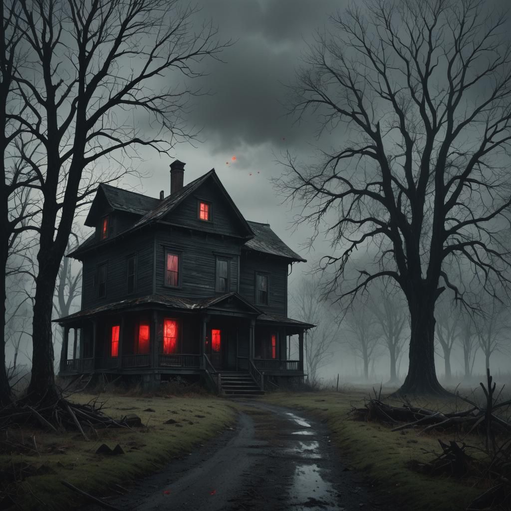Eerie House with Red Eyes in Dark Fantasy Style