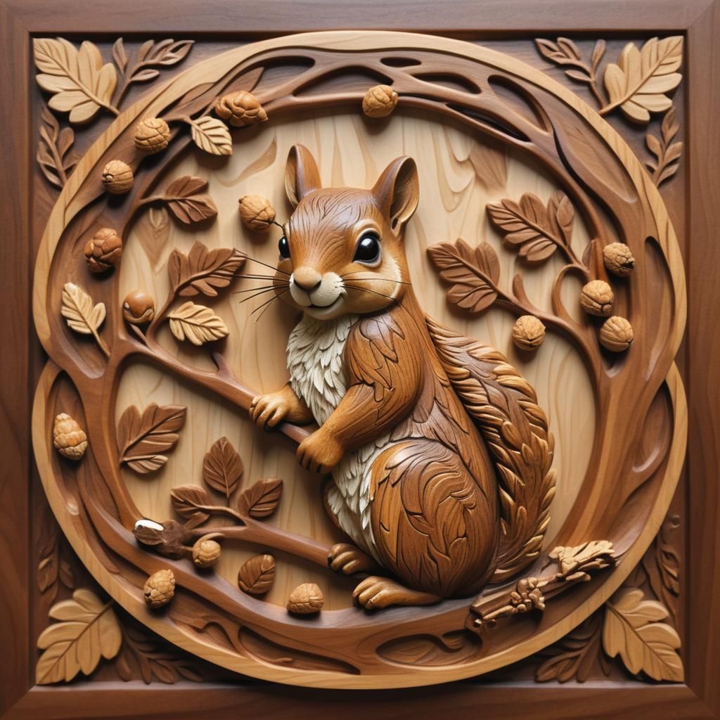 Detailed Wood Carving of Squirrel Gathering Acorns