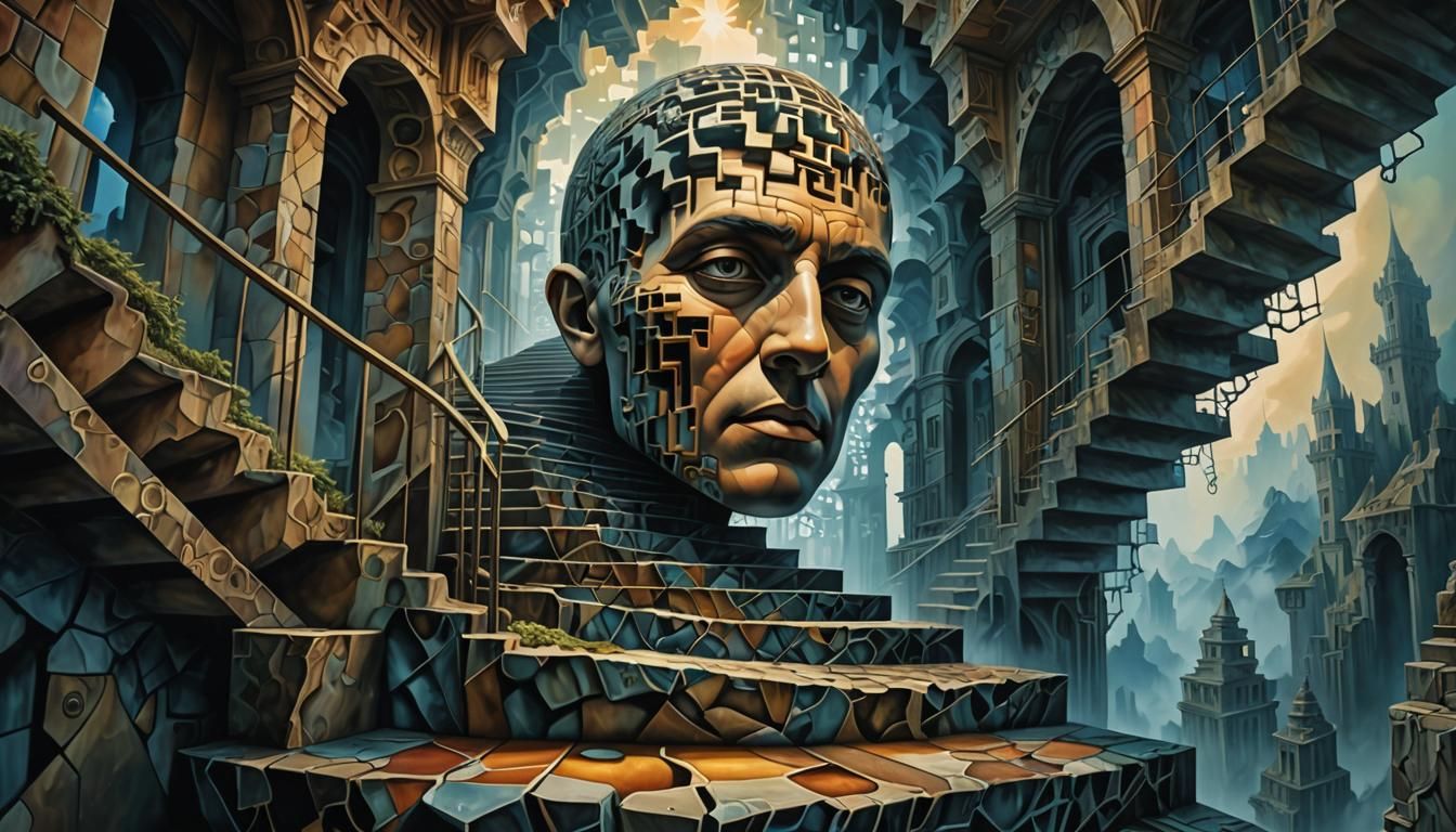 Surreal Fractal Face on Escher Stairs