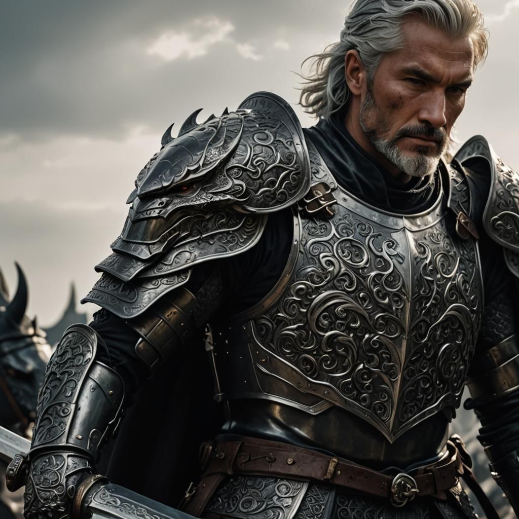 Silver-Haired Knight in Dragon-Engraved Armor