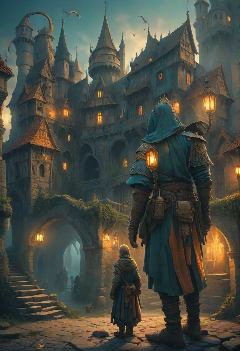 Fantasy Beggar Carries Medieval Cityscape on His Head in War...