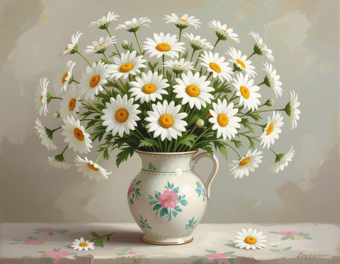 Daisies in Vintage Vase, Whimsical Illustration