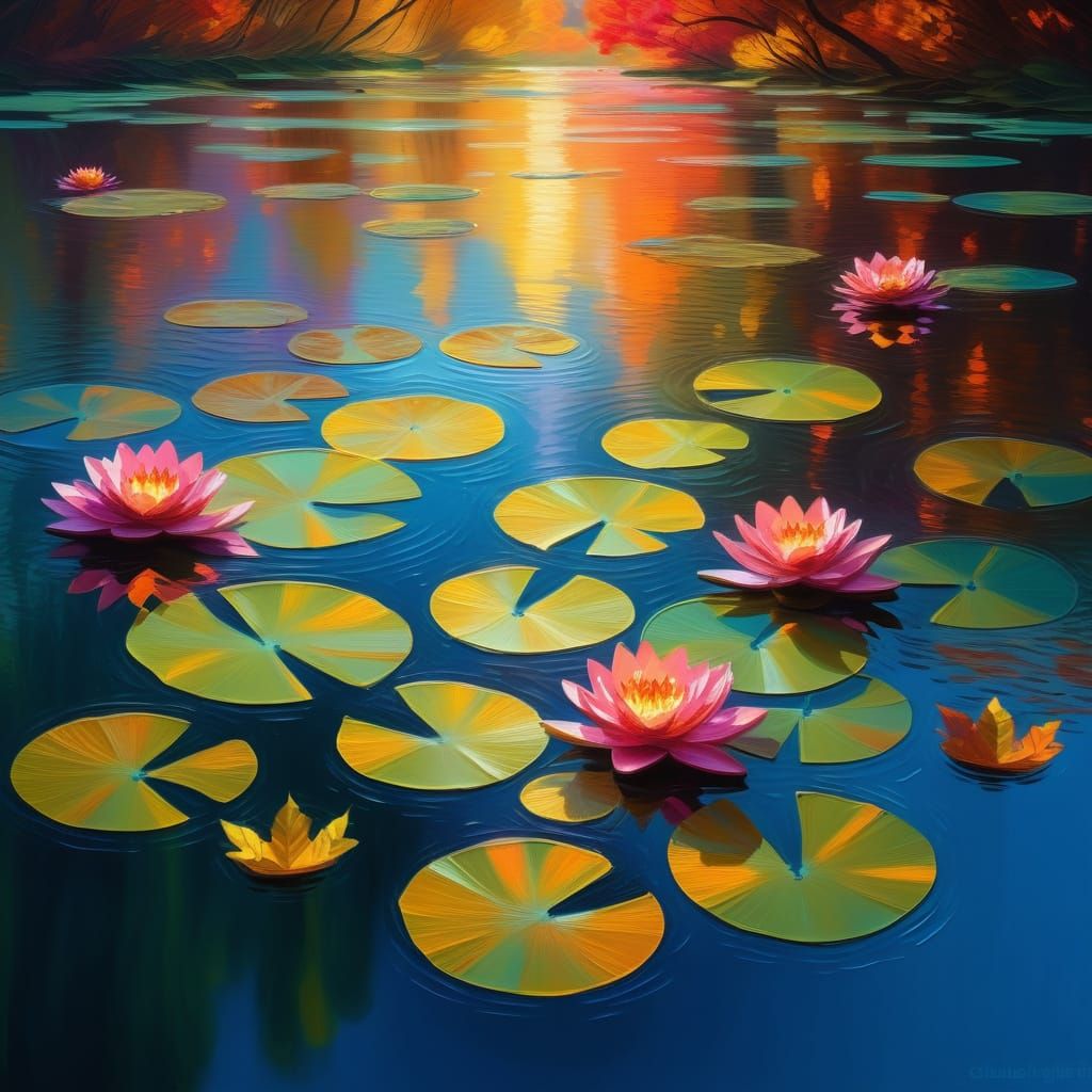 Shimmering neon lily pads with prismatic autumn oak leaves s...