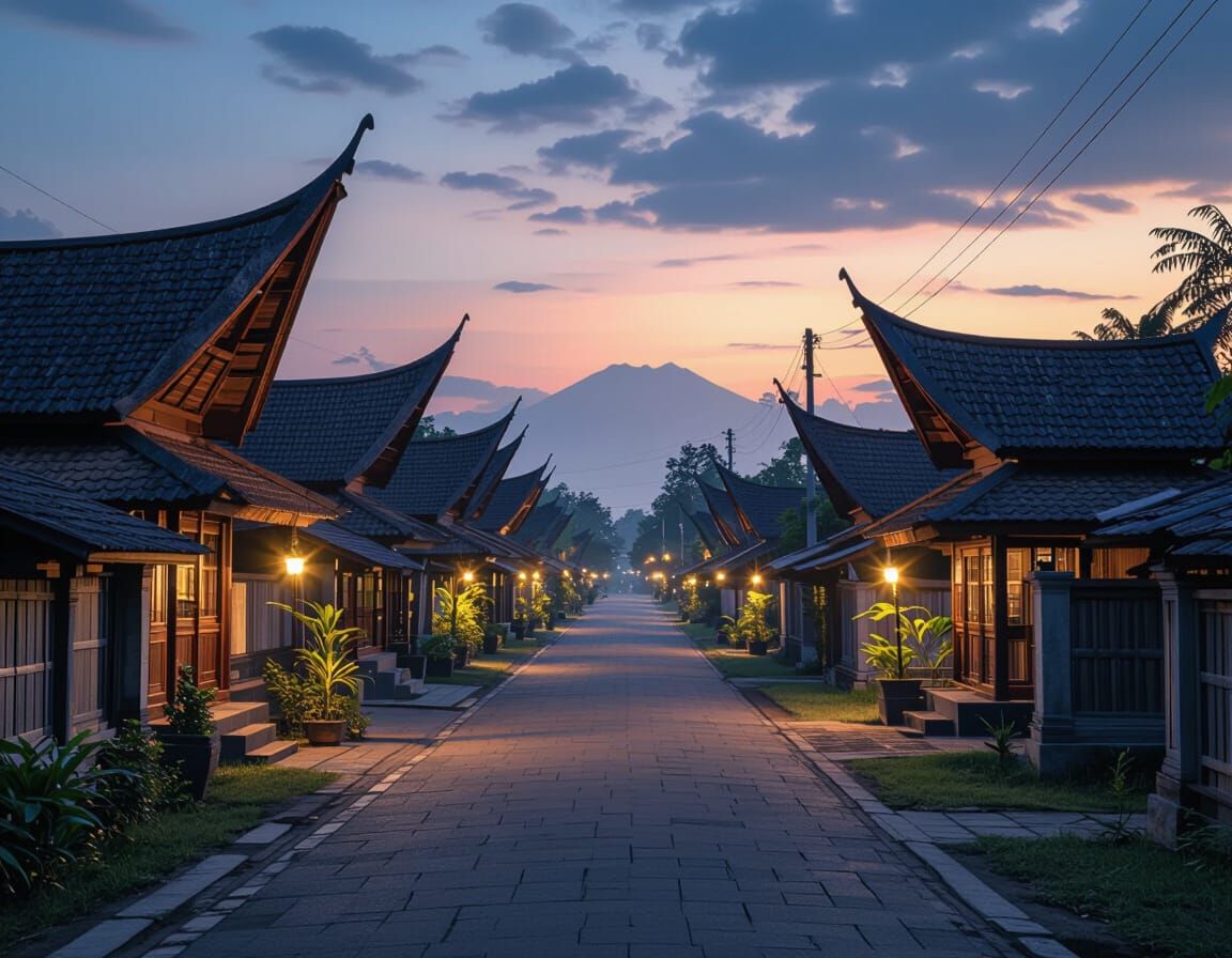 Tranquil Indonesian Village at Night in Digital Art Style