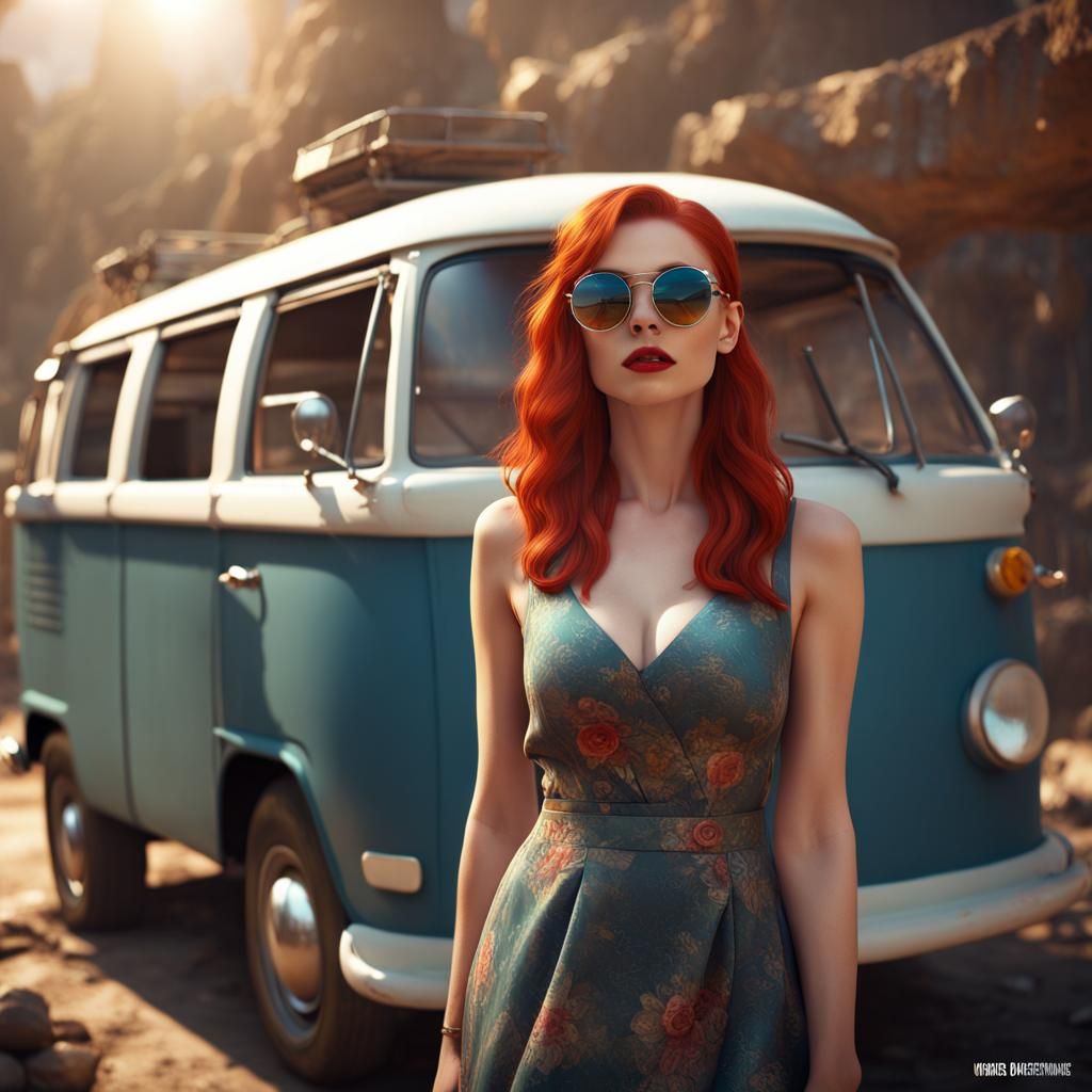 Redhead in VW Bus: Detailed Fantasy Art