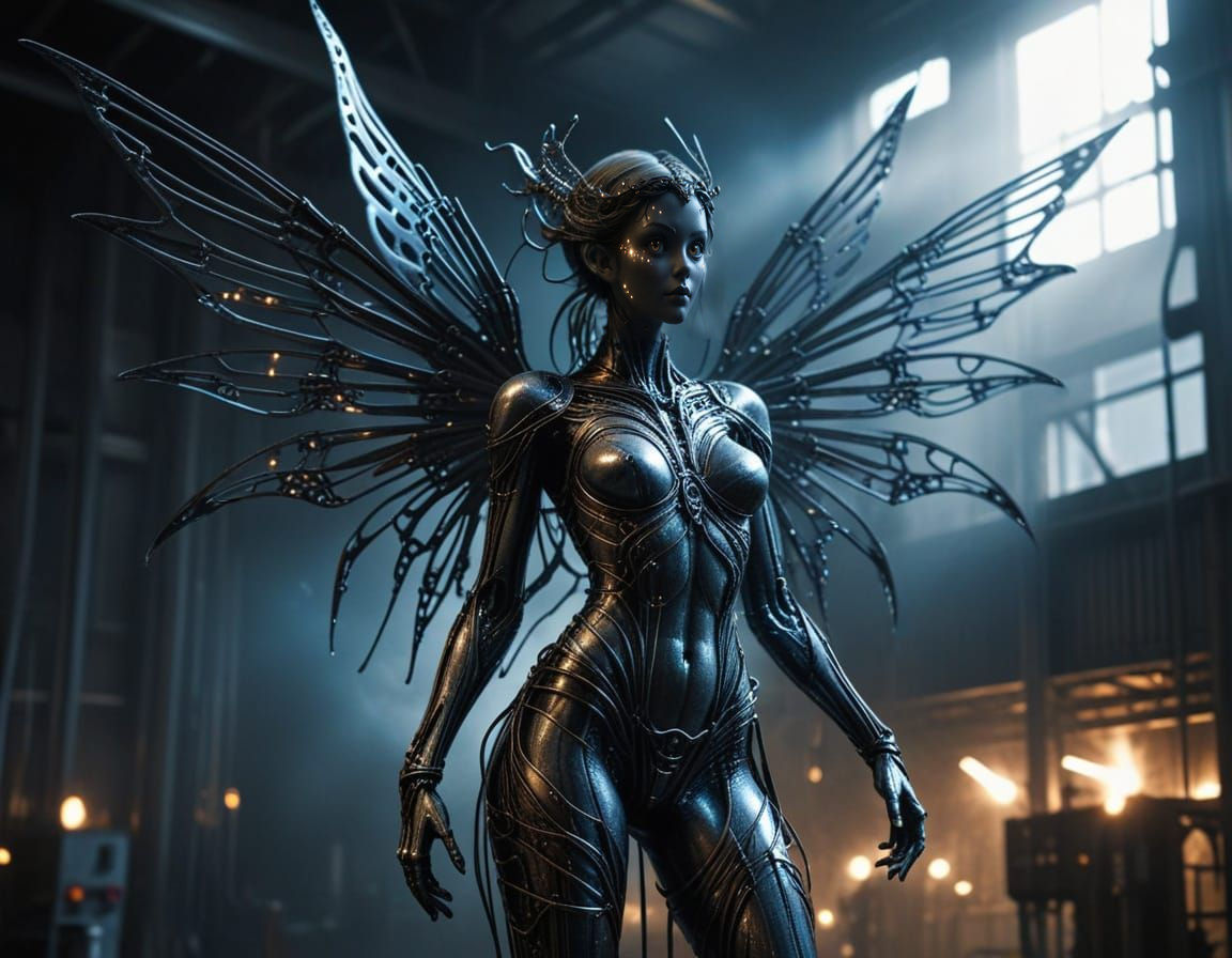 Steel Wire Fairy in Industrial Dark Fantasy Art