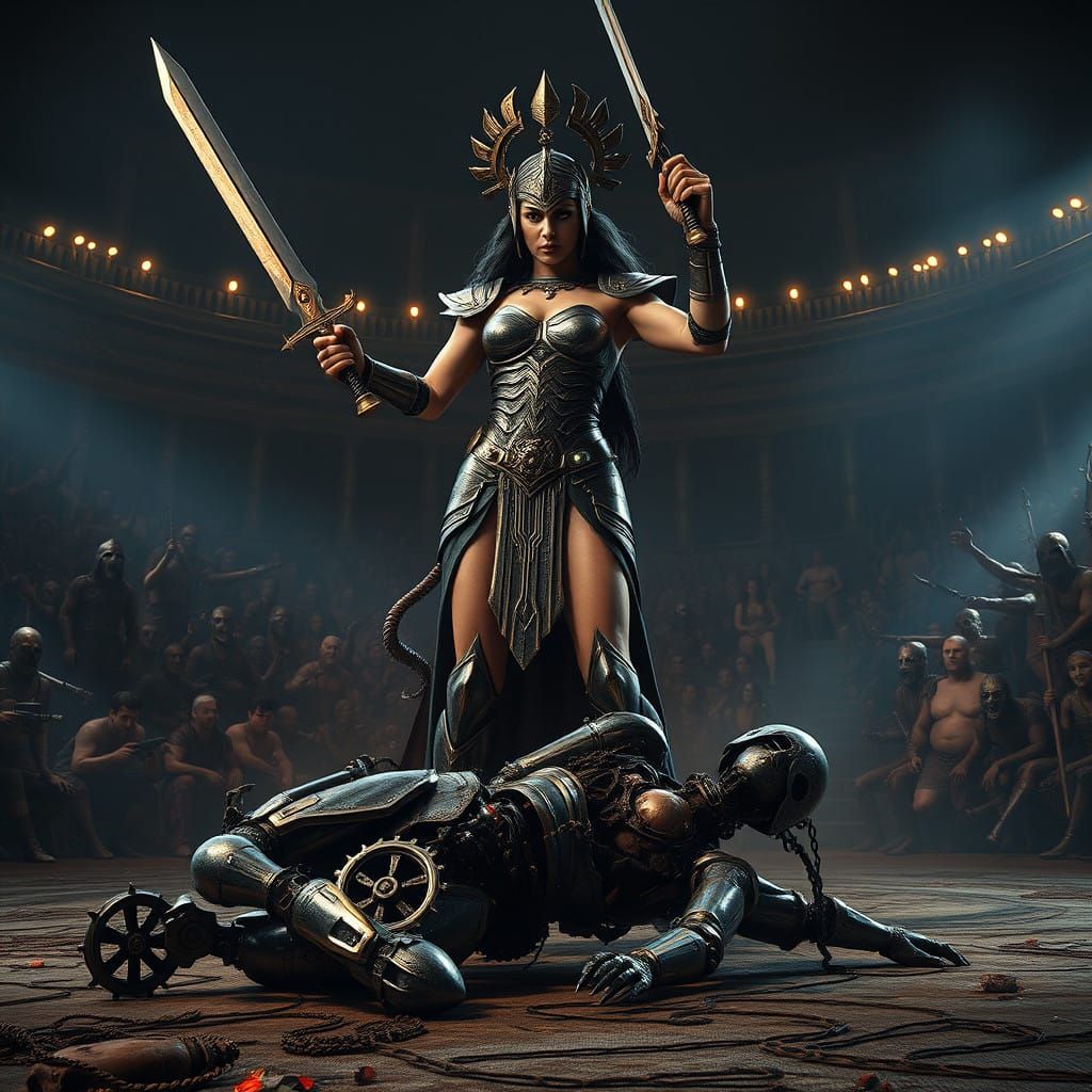 Gothic Amazon Warrior Slaying Android in Brutal Arena Battle