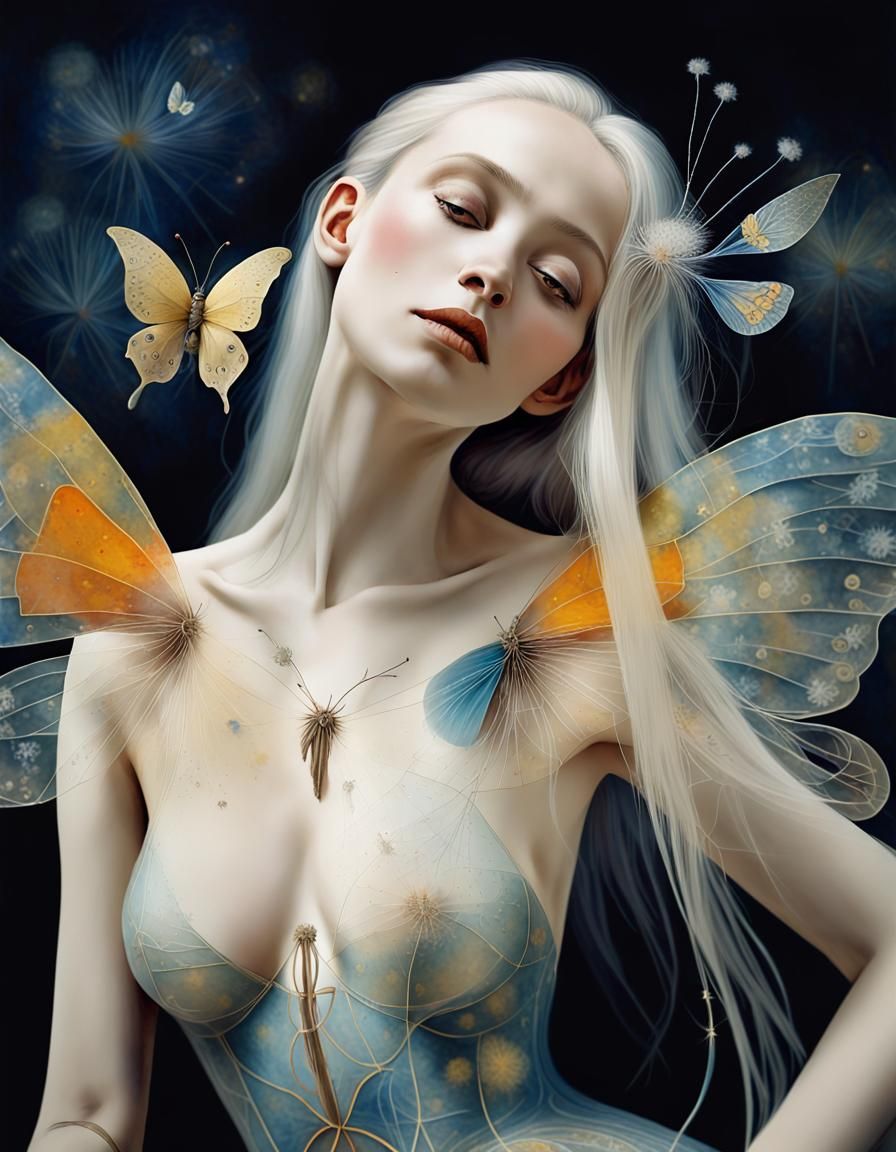 Beautiful woman, long pale hair,  detailed face,  dressed in gossamer, butterfly wings on her back  in a Million Dandeli...
