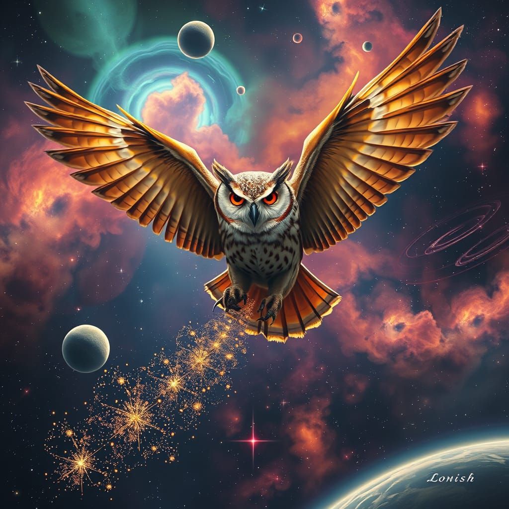 Majestic Owl Soars Through Vibrant Galaxy