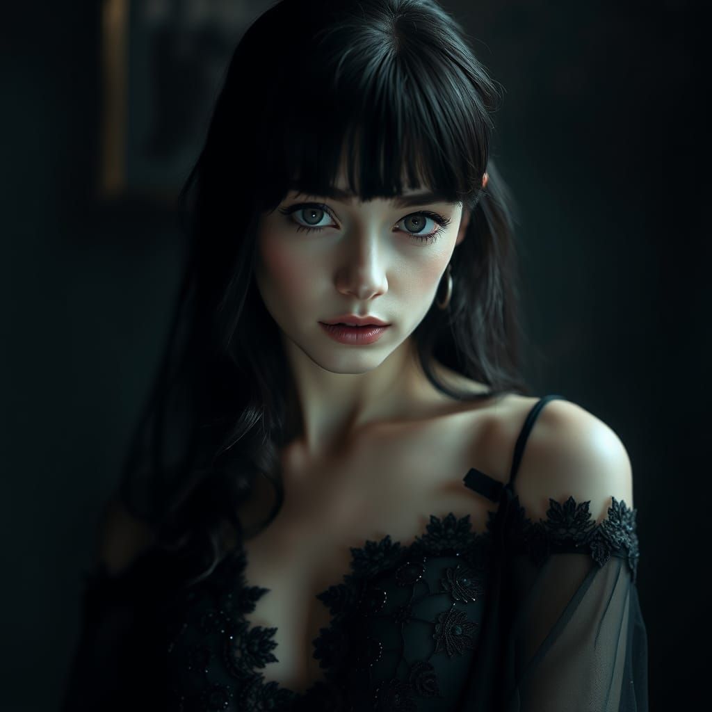 Ethereal Woman in Gothic Lace, Film Noir Portrait