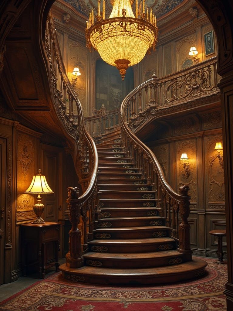 Steampunk Mansion Attic Stairs with Engine