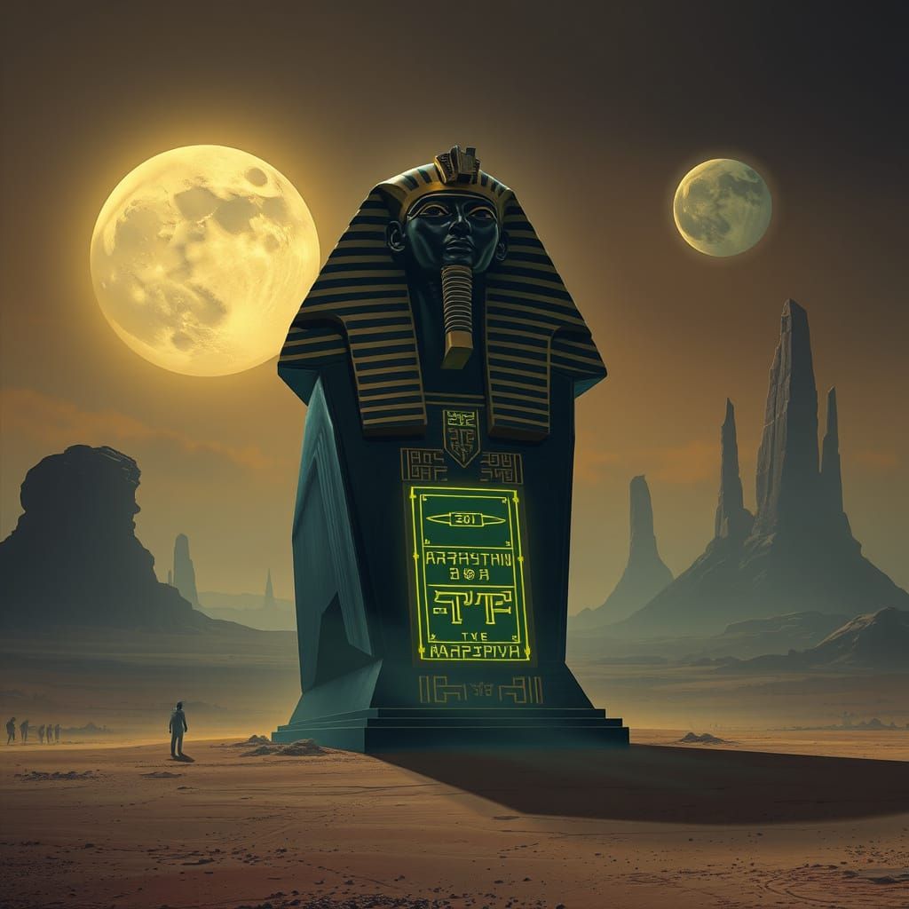 Giant Pharaoh Over Obsidian Sarcophagus in Alien Desert