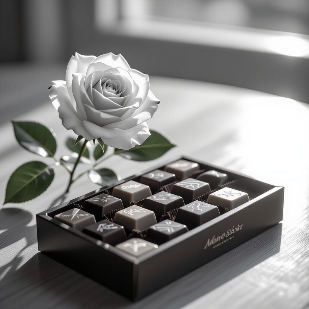 Monochrome Rose and Chocolates in Morning Light