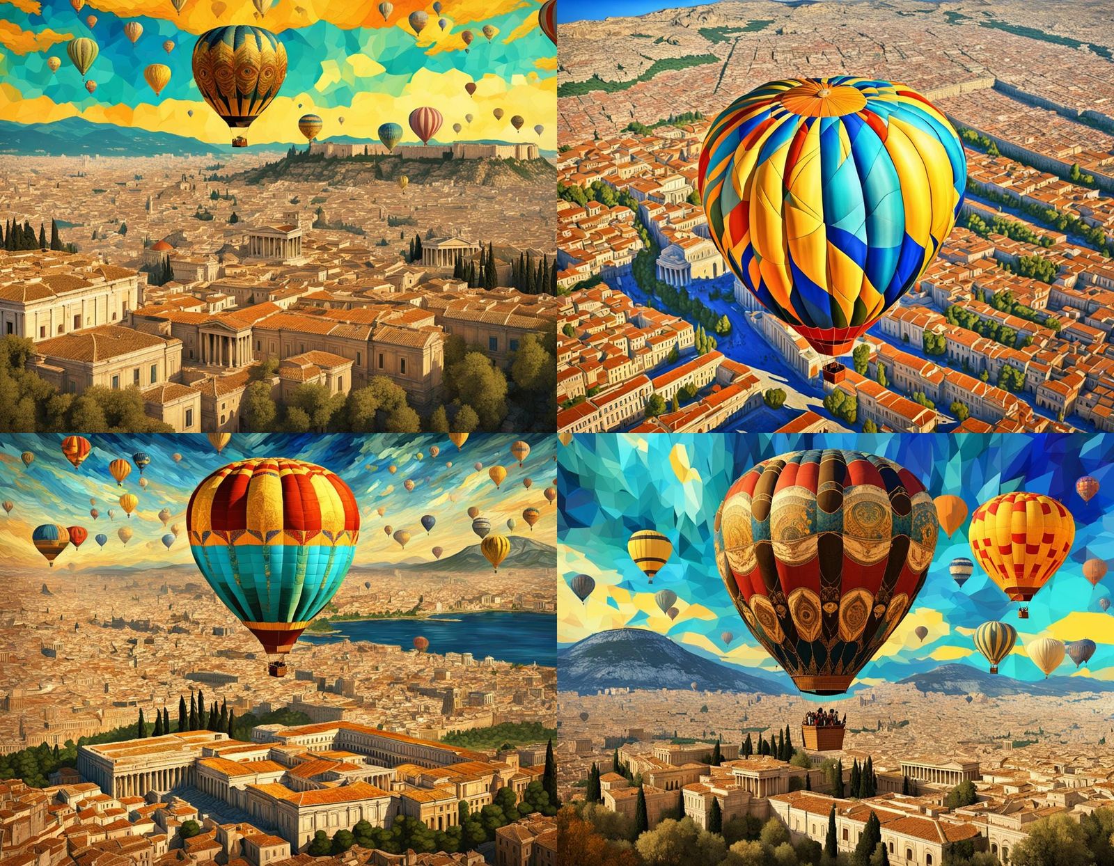 Hot air balloon up in the sky of the ancient city of Athens