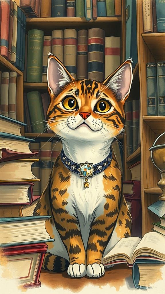 Cat's Moment of Insight in Whimsical Watercolor Style