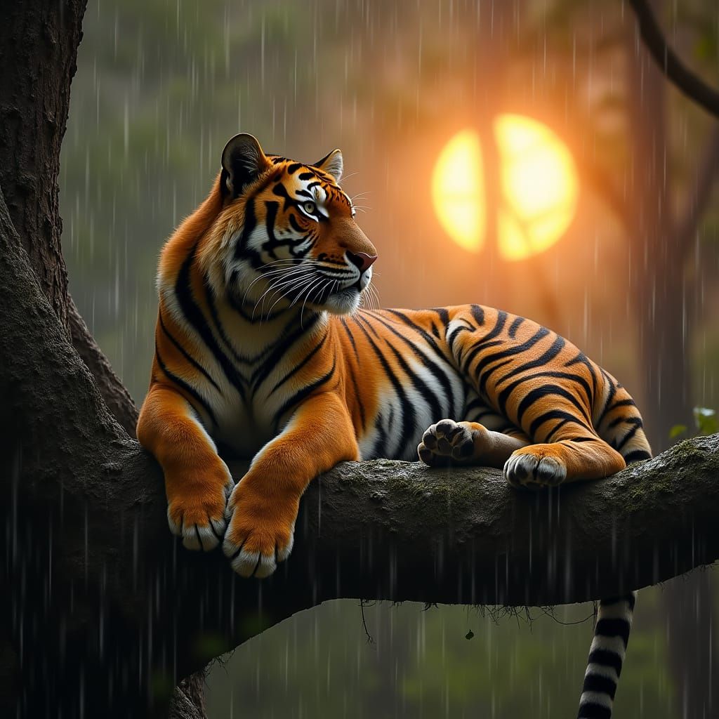 Majestic Bengal Tiger Basks in Rainy Sunset