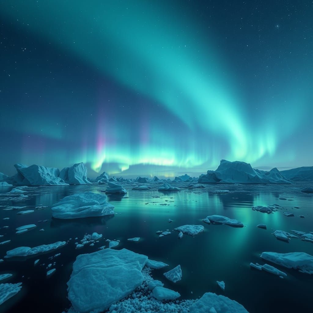 Surreal Aurora Borealis Over Icebergs