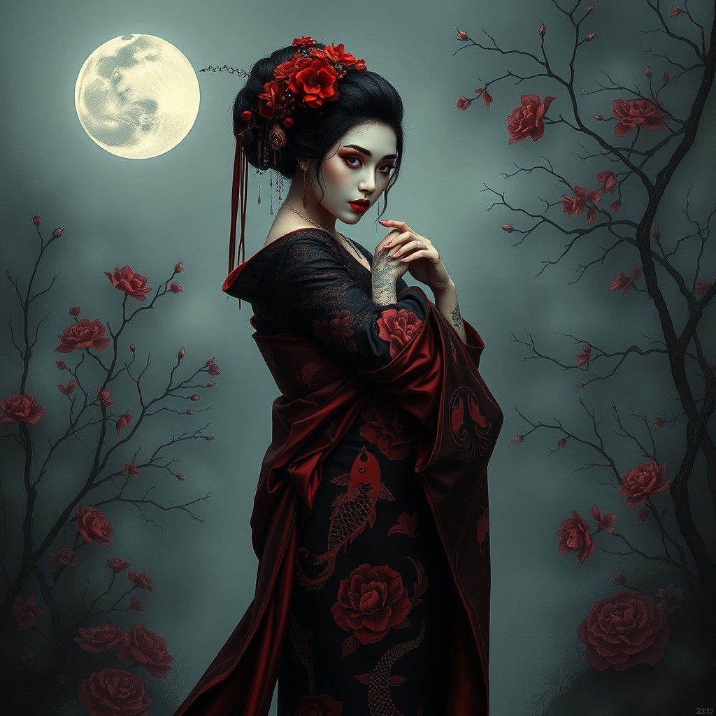 Mysterious Gothic Geisha in Moonlit Garden