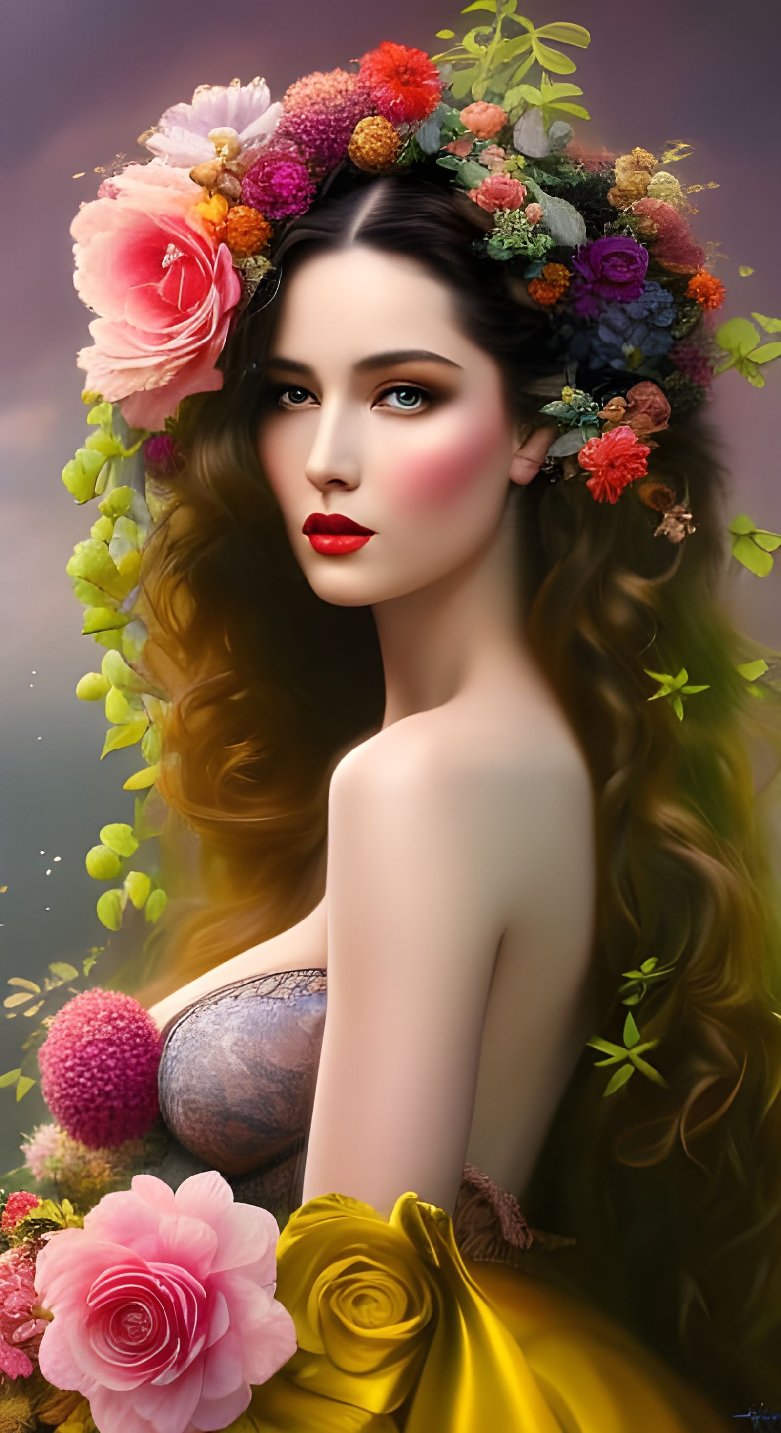 Wavy Haired Model in Floral Rococo Fantasy Art