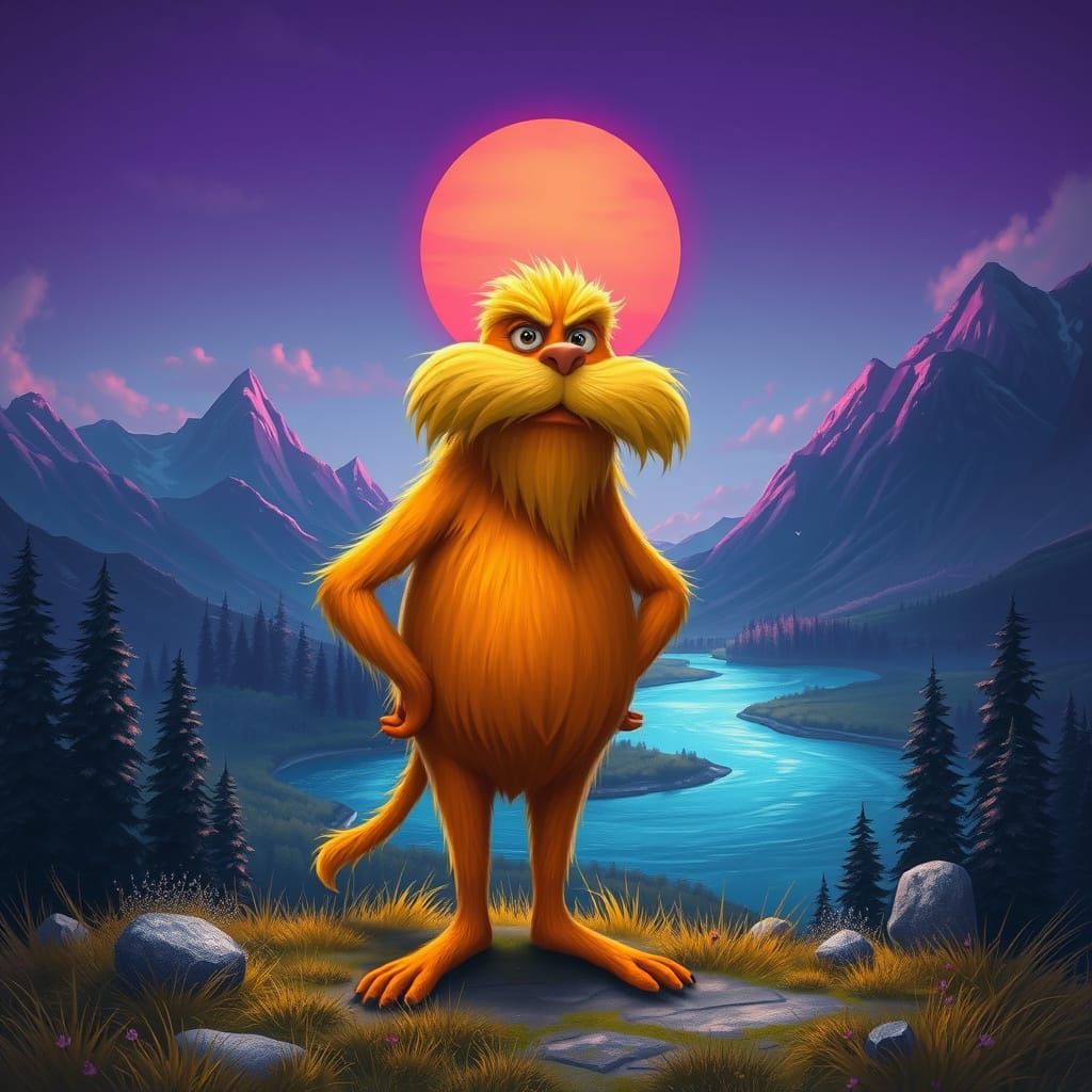 The Lorax in a Majestic Purple Sunset Landscape